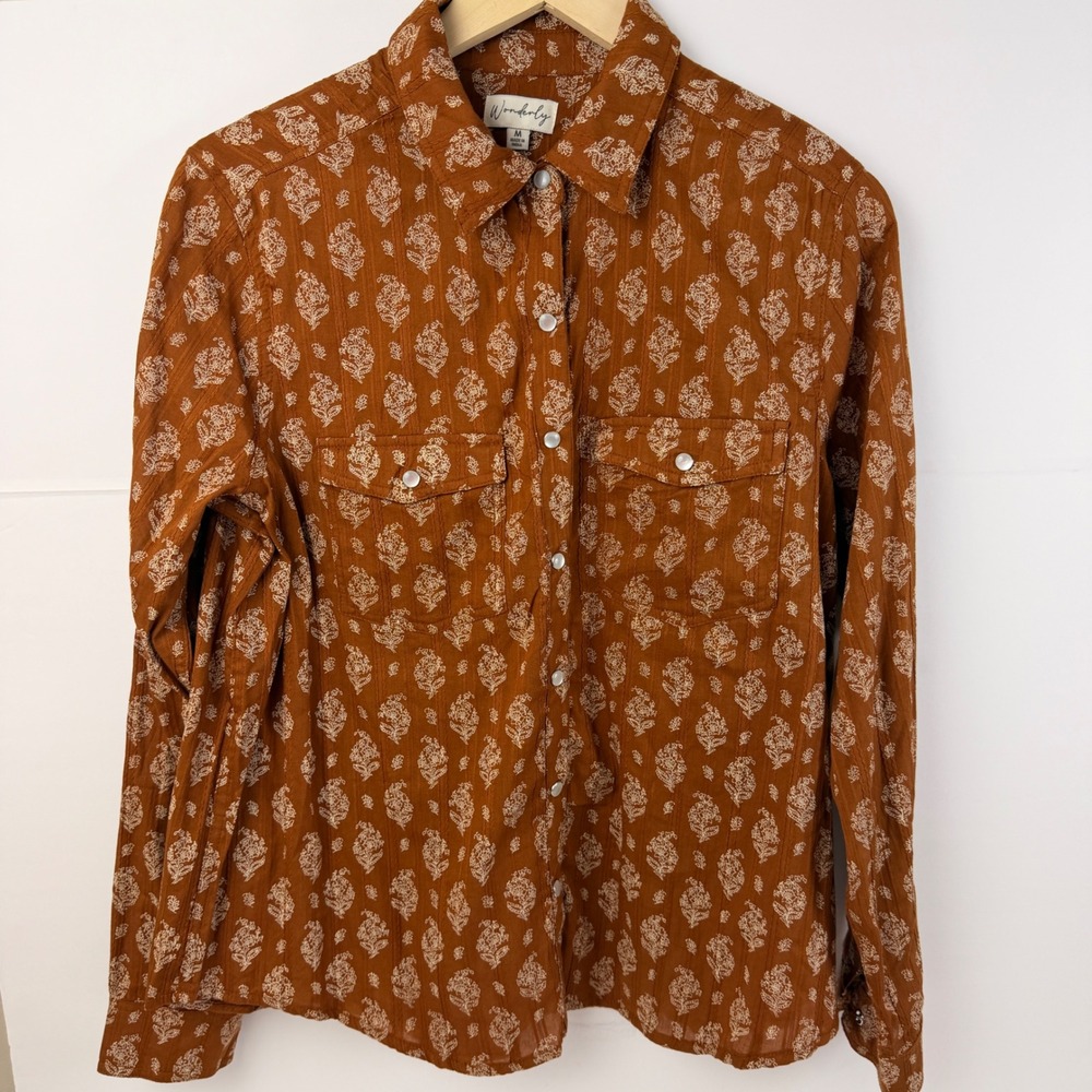 Wonderly Womens Medium Rust Floral Pearl Snap Shirt Boho Western Cottagecore